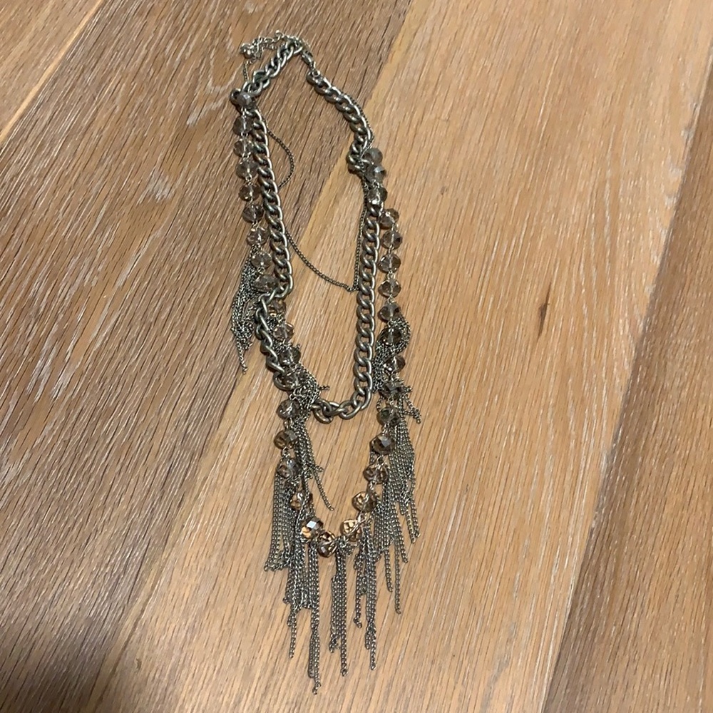 Silver Layered chain necklace with clear beads